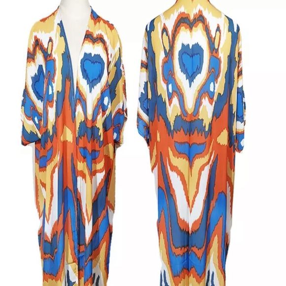 Multicolor Open Longline Three Quarter Sleeve Kimono Duster - Picture 8 of 15